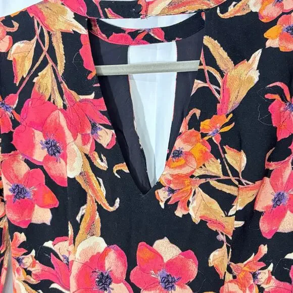 Free People Tegan Black Orange Floral Mini Dress Long Sleeves Keyhole Size 0 - Picture 5 of 8